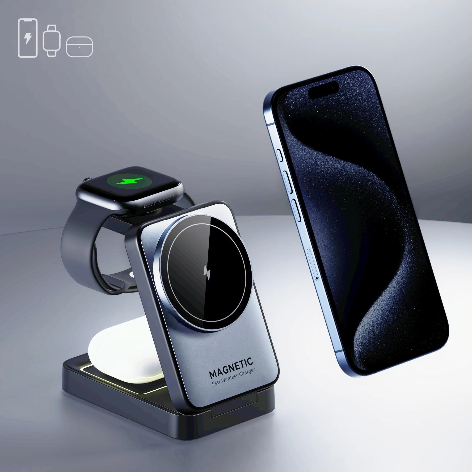 Caricatore Wireless Magnetico Pieghevole 3 in 1 da Viaggio Compatibile con iPhone 16/15/14/13/12, Apple Watch e AirPods