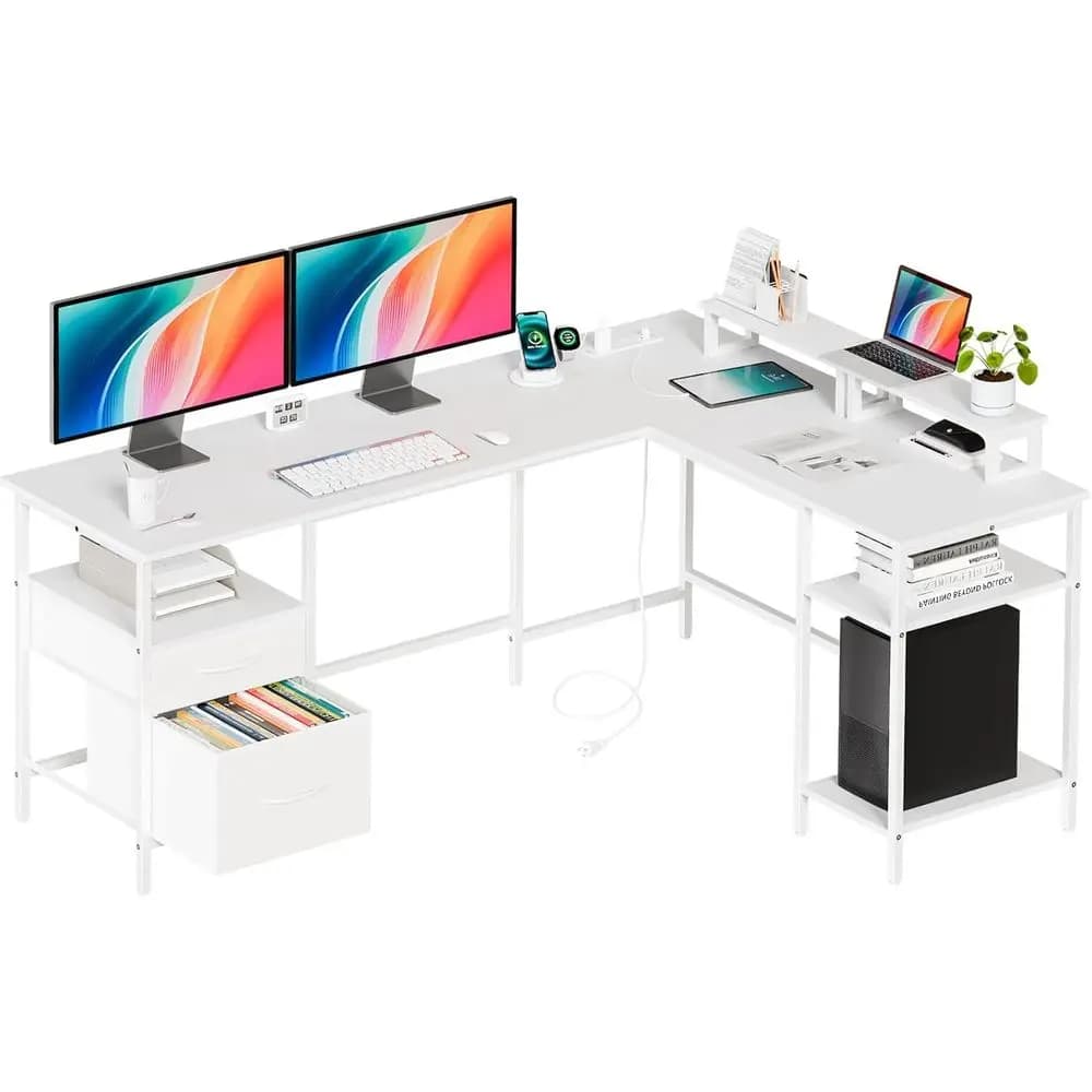 Scrivania da Gaming a L da 62 Pollici con Stazione di Ricarica e 2 Supporti per Monitor, Scrivania per Computer con Ripiani Regolabili e Spazio di Archiviazione, Grande