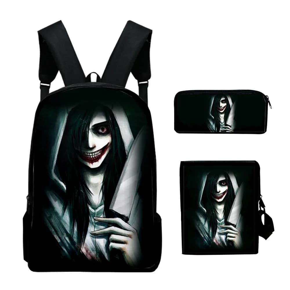 Harajuku Youthful Jeff The Killer 3D Print 3pcs/Set Student Travel bags Laptop Daypack Backpack Shoulder Bag Pencil Case