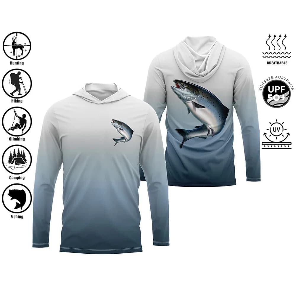 Maglia da Pesca a Maniche Lunghe da Uomo, Protezione UV 50+, Asciugatura Rapida, Top Sportivo con Stampa Outdoor, Felpa da Pesca con Cappuccio