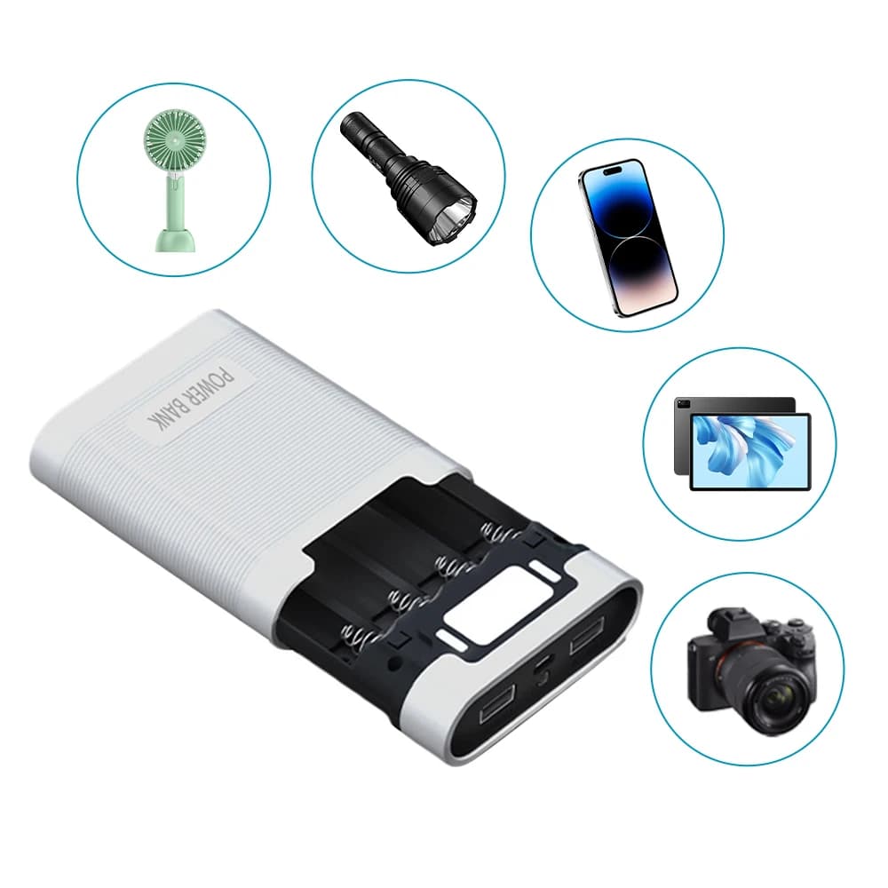 Custodia per Power Bank a 4 Slot per Batterie 18650, Senza Saldatura, Fai-da-te, con Doppia USB Type-C 5V 2.4A, Scatola Contenitore Porta Batterie