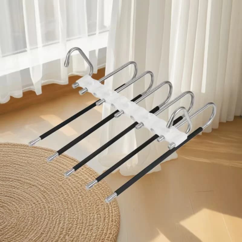 2 Pack 5-Tier Stainless Steel S-Shaped Space Saving Closet Organizers, Anti-Scratch Anti-Slip Metal Pants Hangers for Jeans, Trousers & Skirts, Polished Finish Clothing Storage Rack, Stylish Garment Hanger Solution