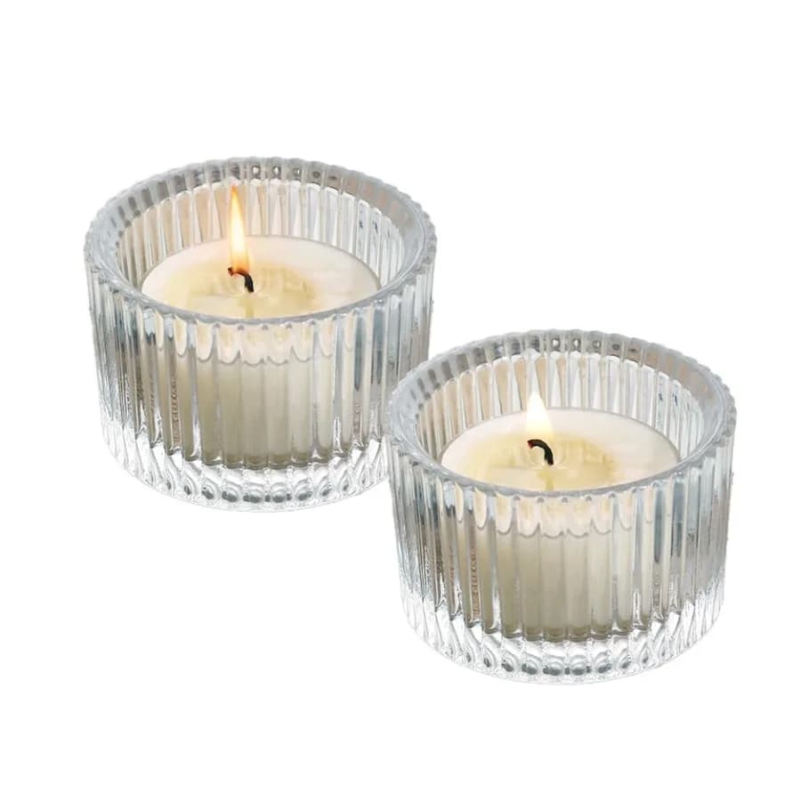Tealight Candle Holder Set of 2, Glass Votive Candle Holders, Decorative Round Ribbed Candle Holders for Home Decor