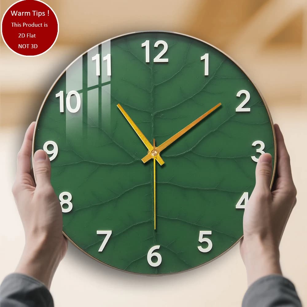 Tempered glass wall clock with green leaves vein pattern, suitable for wall decorations or table displays everywhere