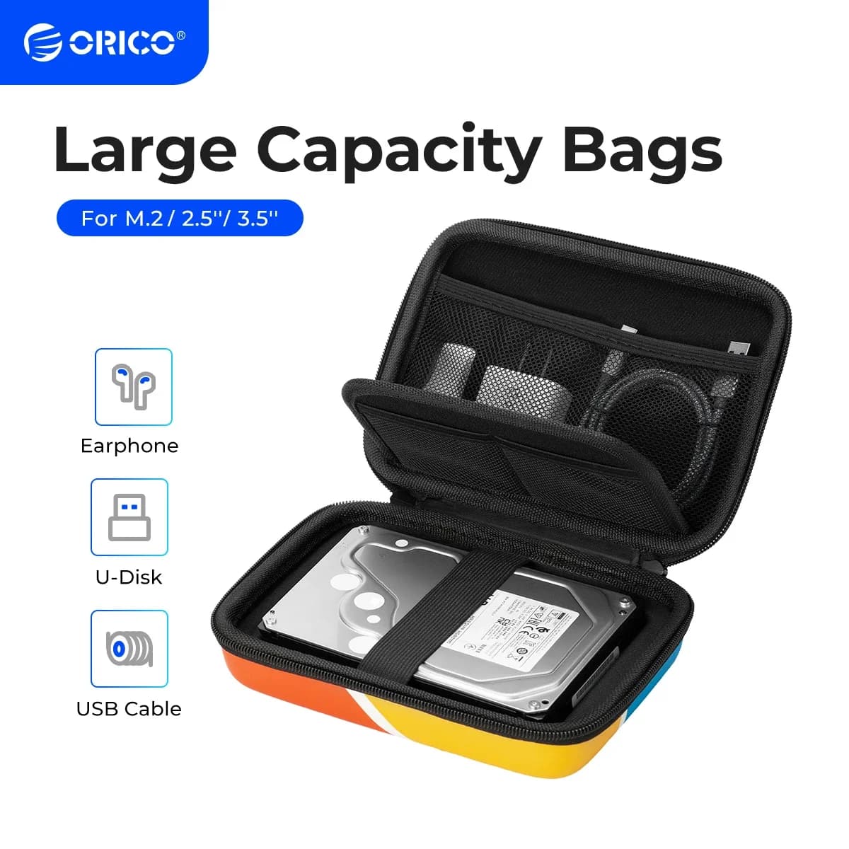 ORICO 2.5 ''3.5 '' Custodia protettiva per disco rigido per HDD esterno Custodia M.2 / Auricolare / Disco U Borse di stoccaggio colorate di grande capacità