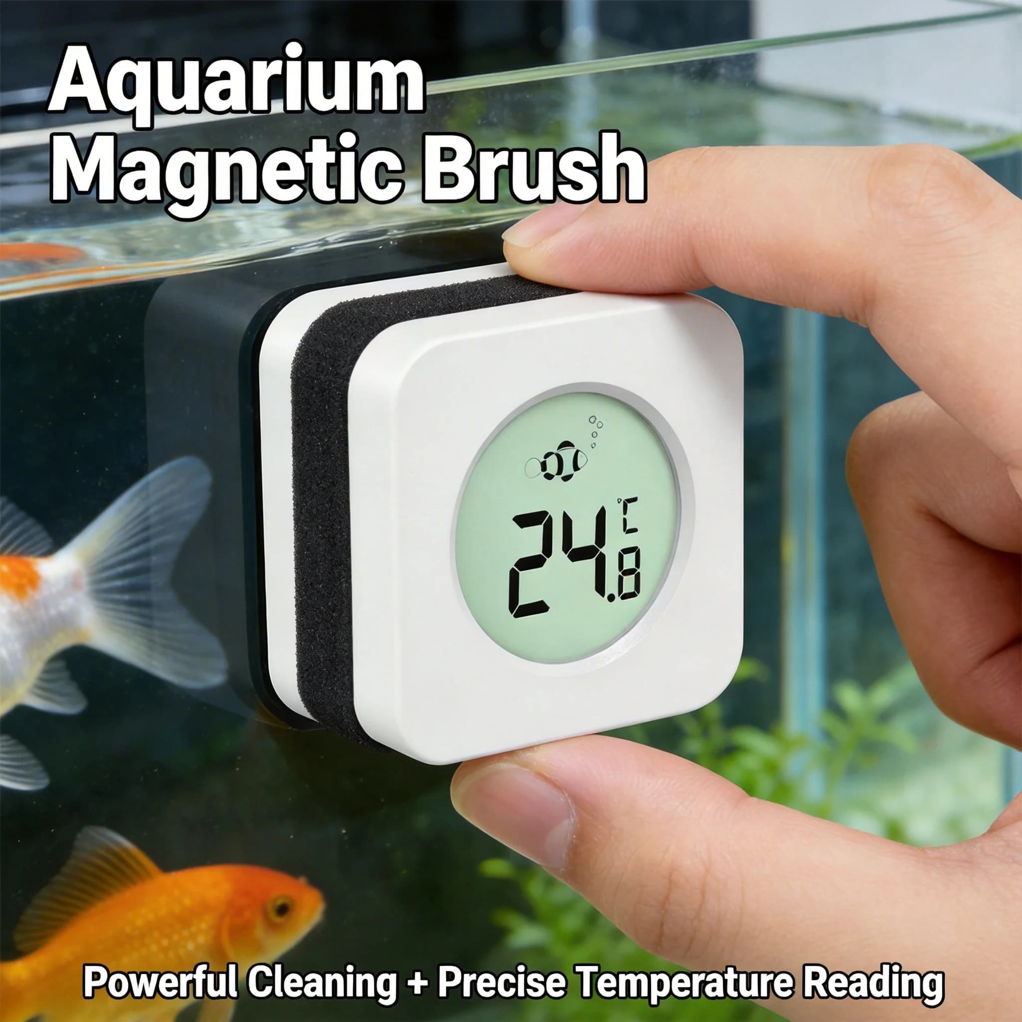 Spazzola magnetica per acquario con termometro, piccolo strumento specializzato per la rimozione delle alghe dal vetro con spazzola magnetica potente e termometro.