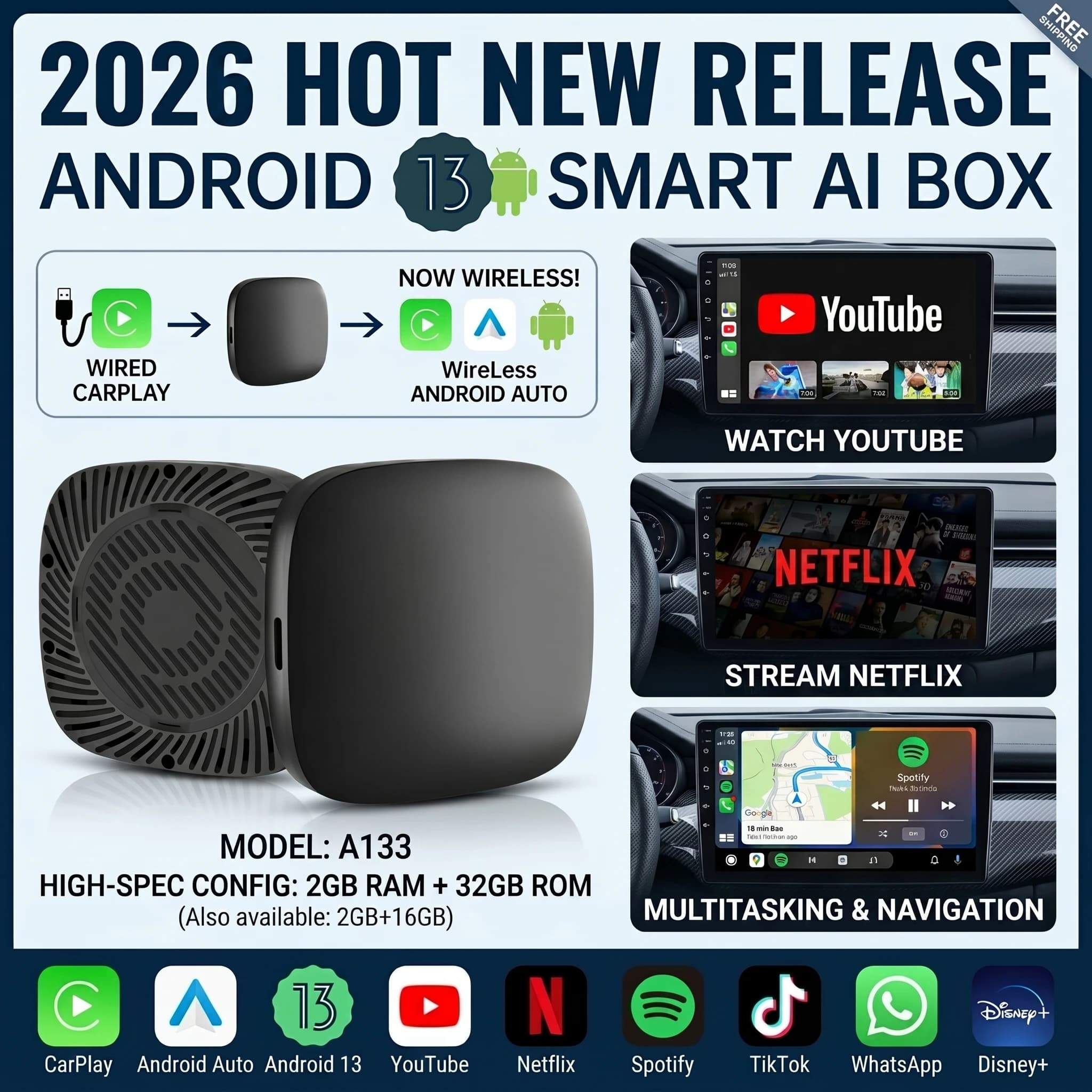 2026 Kowankit Android13 CarPlay Ai Box Wireless Android Auto 3 in 1 Adattatore USB Plug & Play Universale TV Box per Netflix YouTube