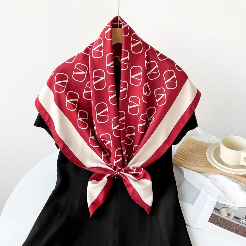 Luxury large square scarf in silk twill 90% red wine for woman, Indonesian cross scarf Baotou, spring autumn scarf