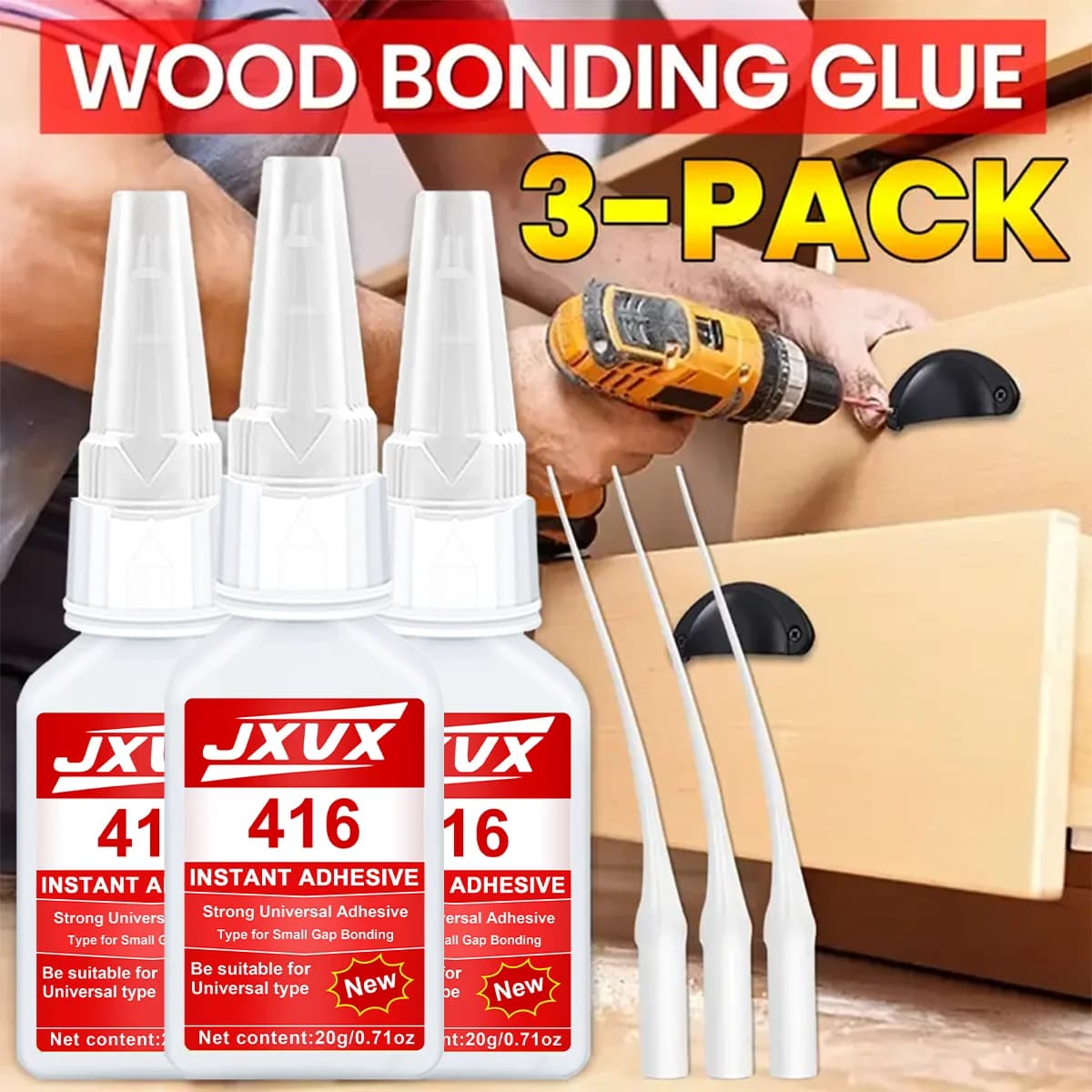 JXVX Super colla 416 ad asciugatura accelerata, aggiunta adesivo cianoacrilato attivatore, adesivo istantaneo forte per vetro, metallo, plastica, legno, ceramica, gomma, asciugatura rapida e impermeabile - 20 ml