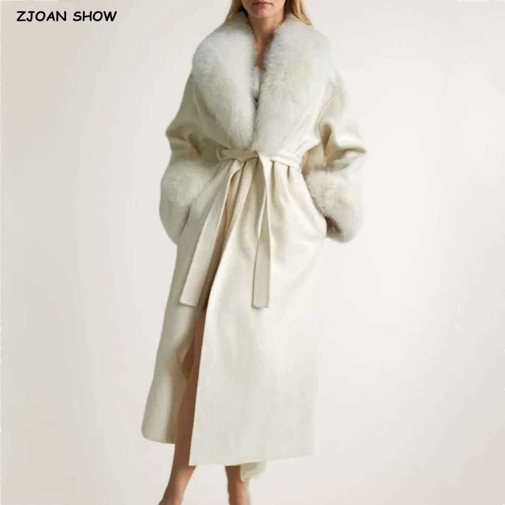 2025 CHIC Autumn Winter Ivory Shaggy Faux Fur Lapel Long Woolen Coat Women Tie Bow Sashes Long Sleeve No Button Trench Outerwear