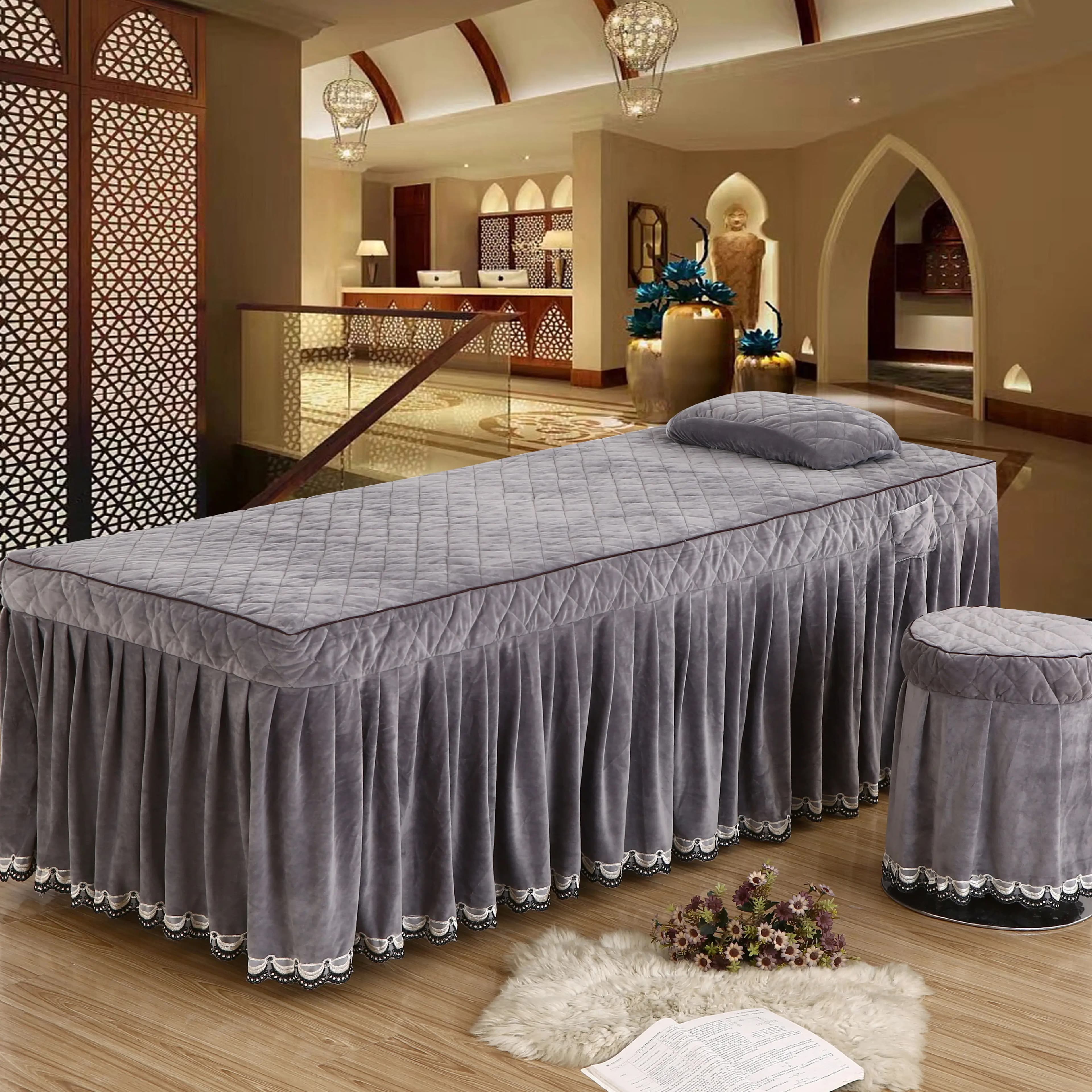 Crystal Velvet salone di bellezza 2 pezzi Set gonna da letto + federa SPA lettino da massaggio delicato sulla pelle copriletto lenzuolo gonna con foro
