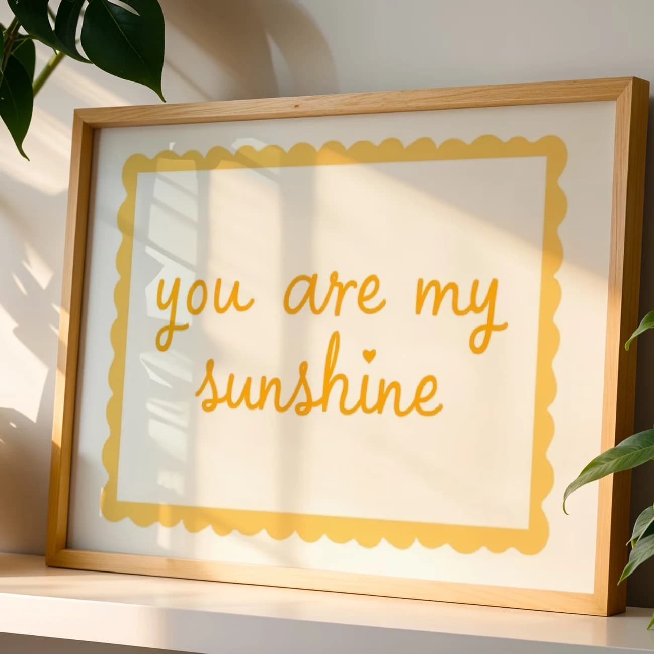 Modern You Are My Sunshine Quote Wall Art, Yellow Scallop Border Print, , Canvas Poster Print For Nursery & Bedroom Home Decor