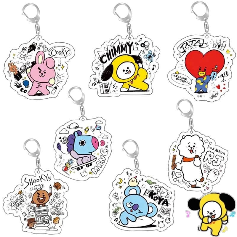 Portachiavi in acrilico BT21 anime cartoon, simpatico gadget BTS kawaii per ragazzi e ragazze, ciondolo per zaino, articolo di supporto per i fan, regalo all'ingrosso