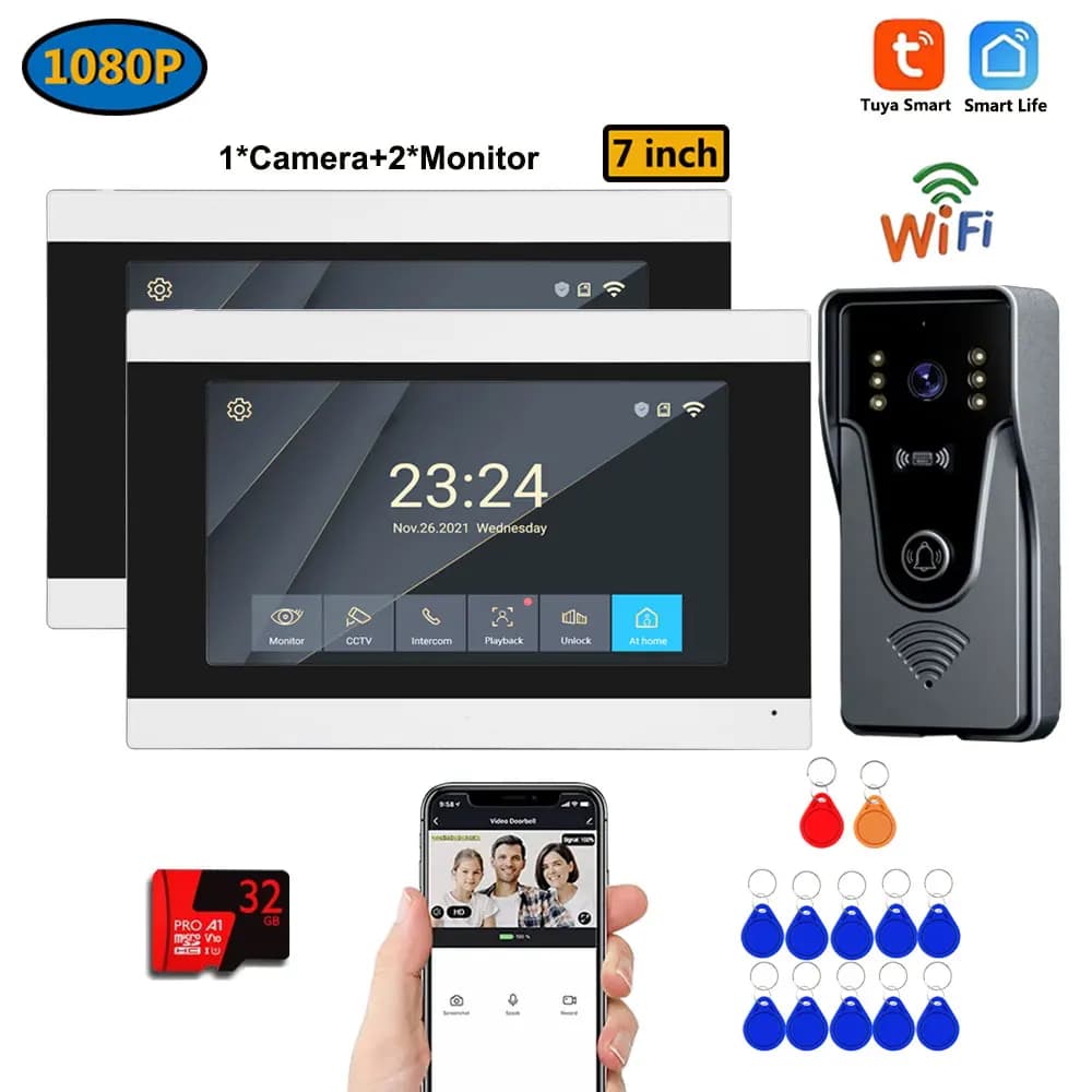 Videocitofono Wireless WiFi con Schermo Touch LCD da 7 Pollici, 4 Fili, HD, 32G, Campanello Video Intelligente, Sistema Intercom 1V1/1V2, App TUYA, Sblocco RFID
