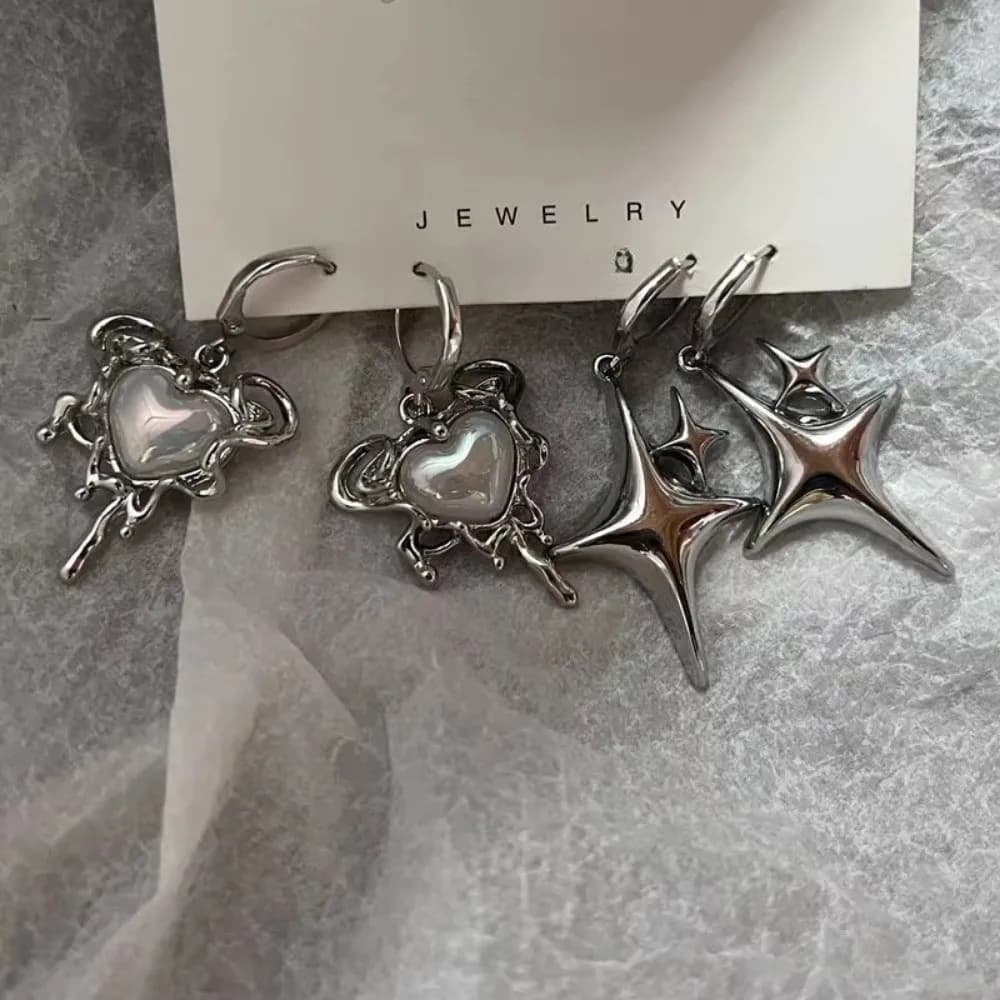 Fashion Silver Color Star Dangle Earring Heart Hoop Y2K Pendant Earrings Simple Design Dangle Ear Studs Gifts