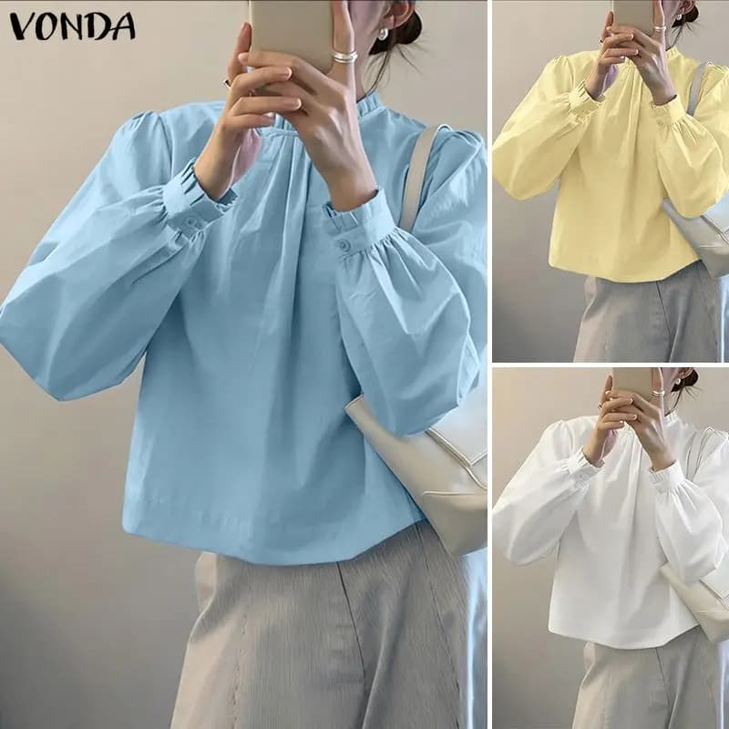 VONDA Elegante Camicetta da Donna a Maniche Lunghe con Schiena Scoperta, Camicia Casual 2026, Moda Collo Tondo, Tunica Larga Tinta Unita, Top Streetwear Blusas