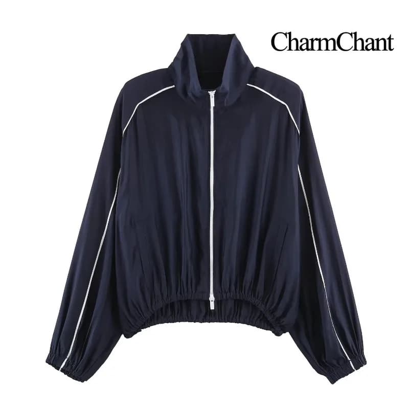 CHARMCHANT Women's Oversized Stand Collar Zip Up Cropped Track Jacket Elastic Hem Sporty Casual Daily Streetwear Spring 2026