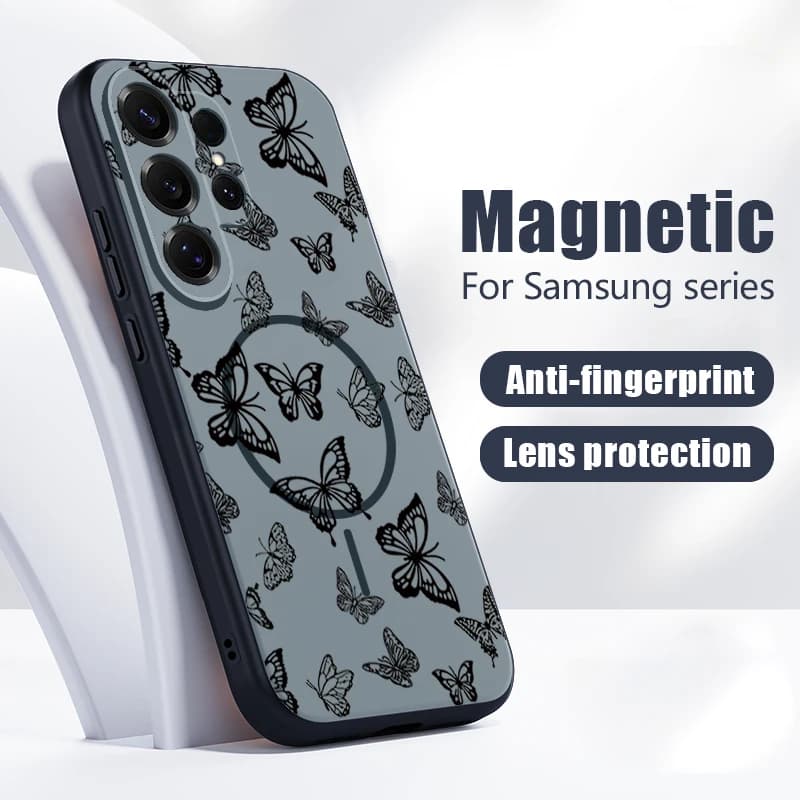 Cover Magnetica per Magsafe con Disegno a Farfalla per Samsung Galaxy S26 Ultra S25 Edge S24 Plus S23 FE S22 A54 A55 A56 5G
