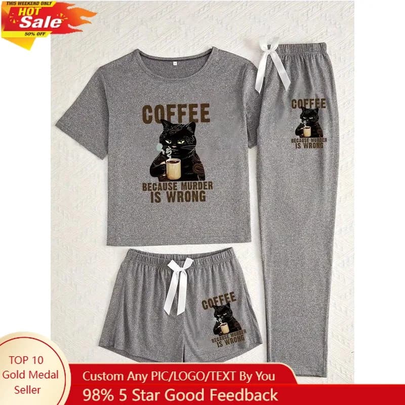 Pigiama da donna con stampa di gatti dei cartoni animati, collezione di indumenti da notte in 3 pezzi, indumenti da notte aderenti casual per tutte le stagioni, salotto confortevole