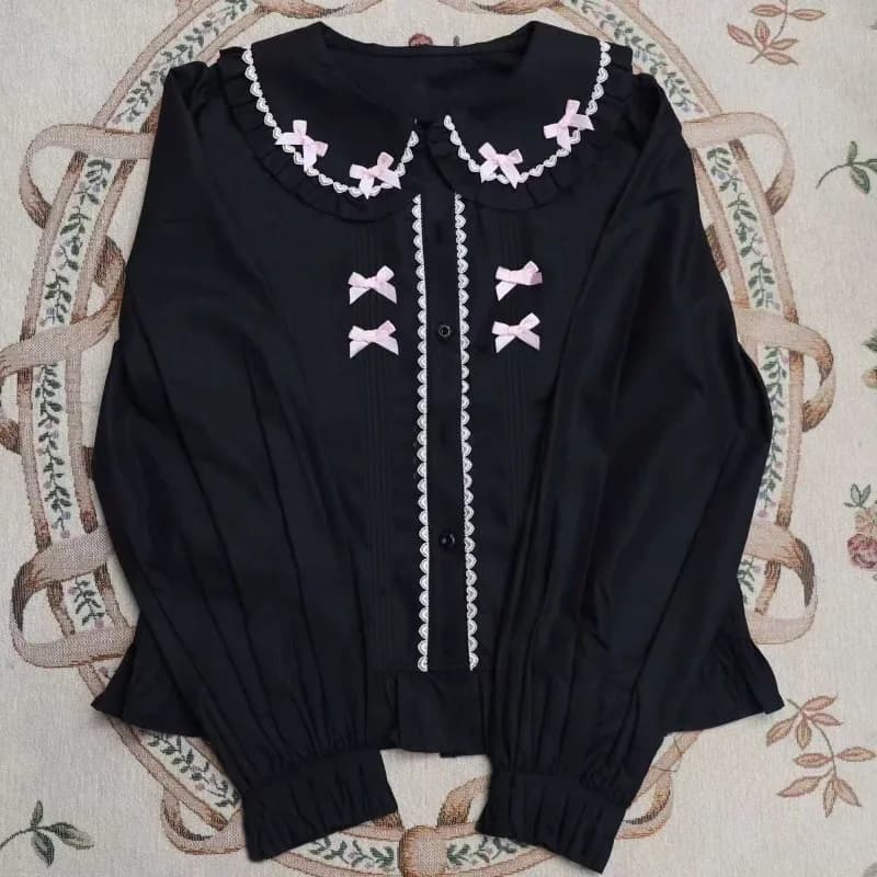 Camicetta da Donna con Fiocco Stile Giapponese Kawaii Lolita, Elegante con Volant e Colletto Peter Pan, Top Casual Femminile, Abbigliamento Gotico