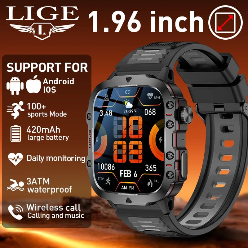 Men's Smartwatch, Sports Fitness Tracker, Sleep and Health Monitoring, Wireless Calls, Music, Waterproof, Military Style Smart Watch