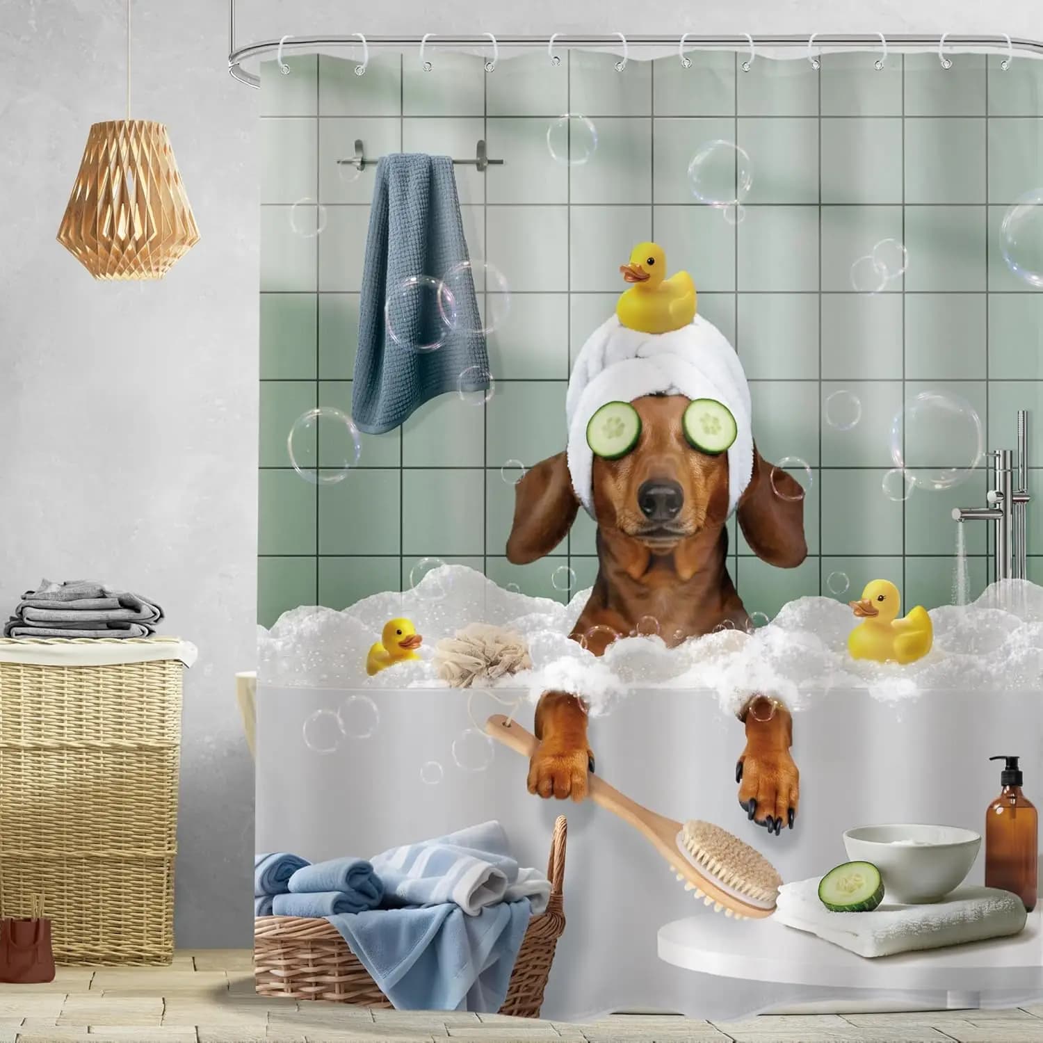 Funny Dog Shower Curtain Vintage Hilarious Dachshund Bath Soap Cute Animal Puppy Pets Bubbles Duck with Hooks Fabric Waterproof