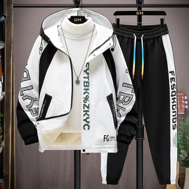 Giacca patchwork invernale calda con cappuccio + pantalone Set da 2 pezzi tuta sportiva tuta sportiva da uomo Casual in pile addensato