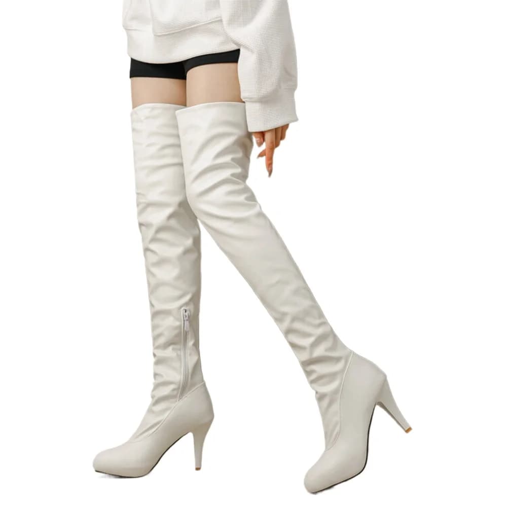 Women Ruched Over The Knee Boots Side Zipper Stiletto Heel Platform Dress Boots Large Size EU 31-46 Black White Brown K6