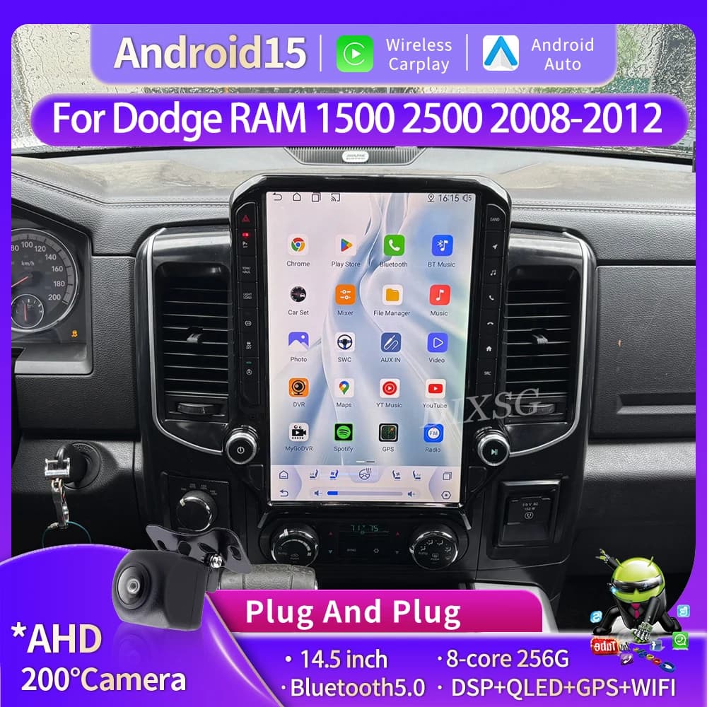 14.5” Android 15 Car Radio For Dodge RAM 1500 2500 2008-2012 Multimedia Player Tesla Screen Wireless Carplay Auto Stereo 4G GPS