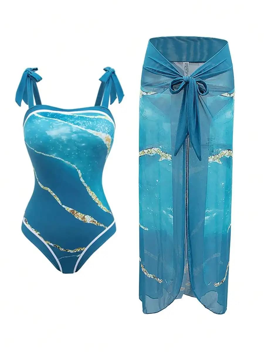Set costume da bagno estivo da donna con gonna copricostume stampata blu