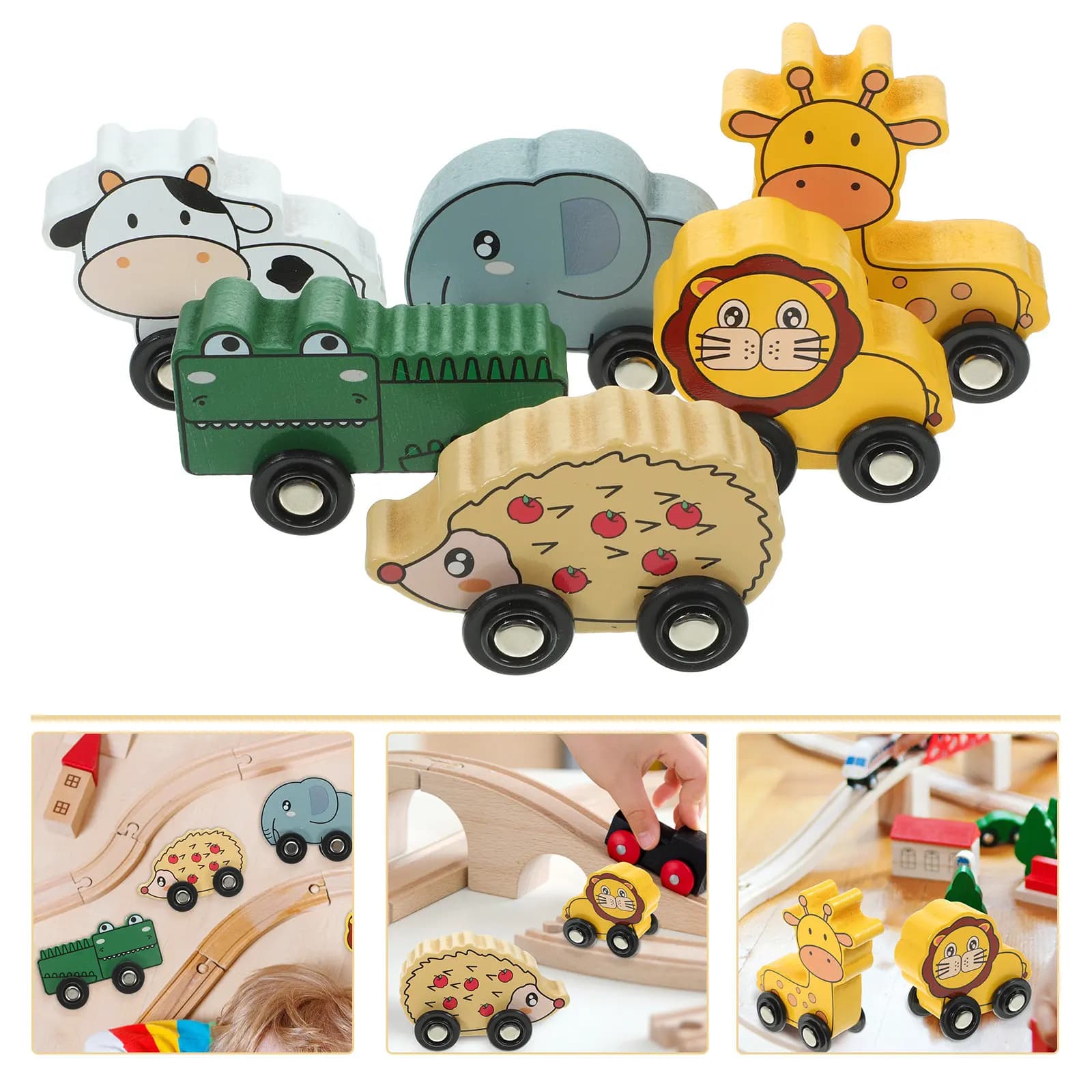 Set di 6 trenini in legno educativi per bambini, a forma di animale, giocattolo creativo per la prima infanzia, collezione di vagoni in legno colorati