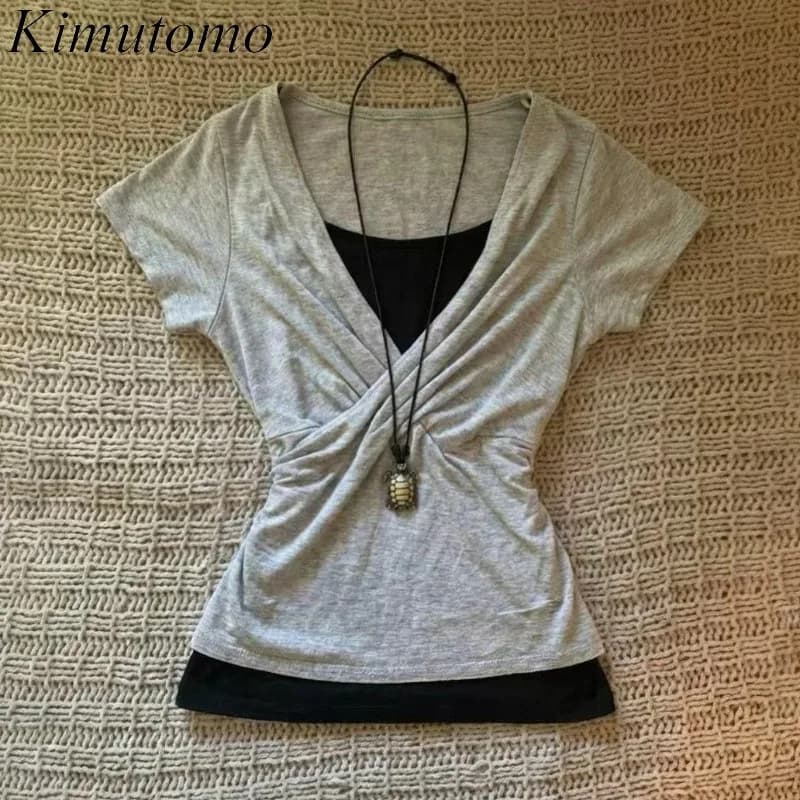 Magliette da donna Kimutomo con scollo a V, moda primavera estate, patchwork vintage, estetica Y2k, top Harajuku, t-shirt casual da donna