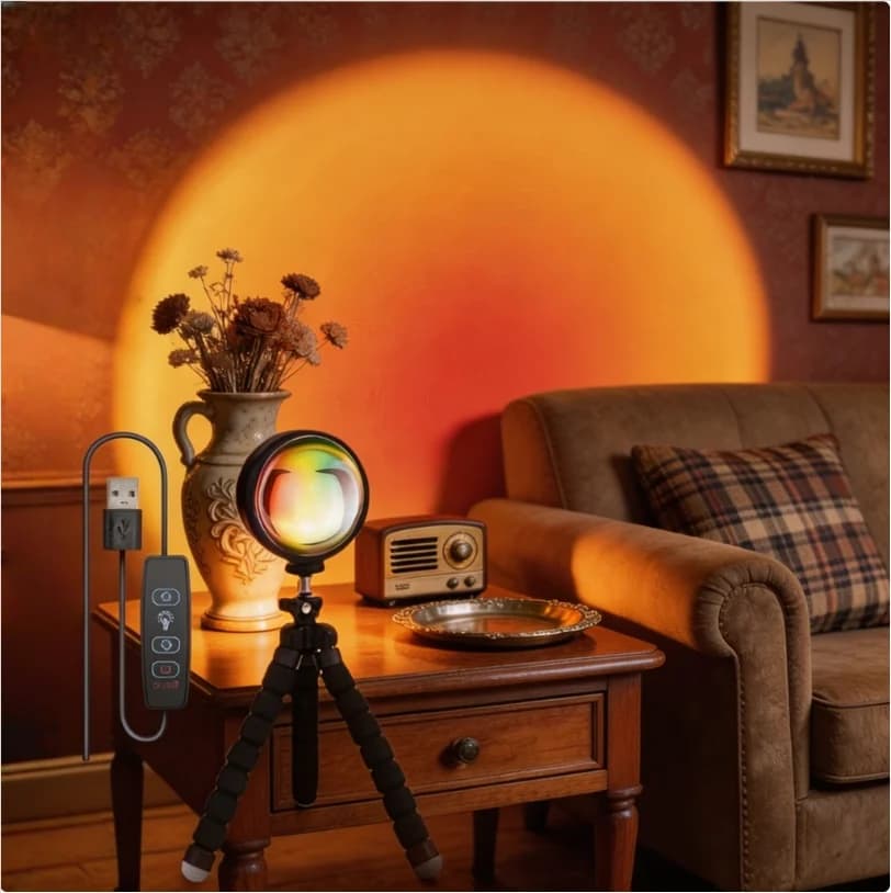 Proiettore Lampada Tramonto con Supporto, Luce Ambra Golden Hour, Controllo a 3 Pulsanti su Cavo, 360° ° Luce notturna a LED rotante, regalo per l'arredamento della stanza