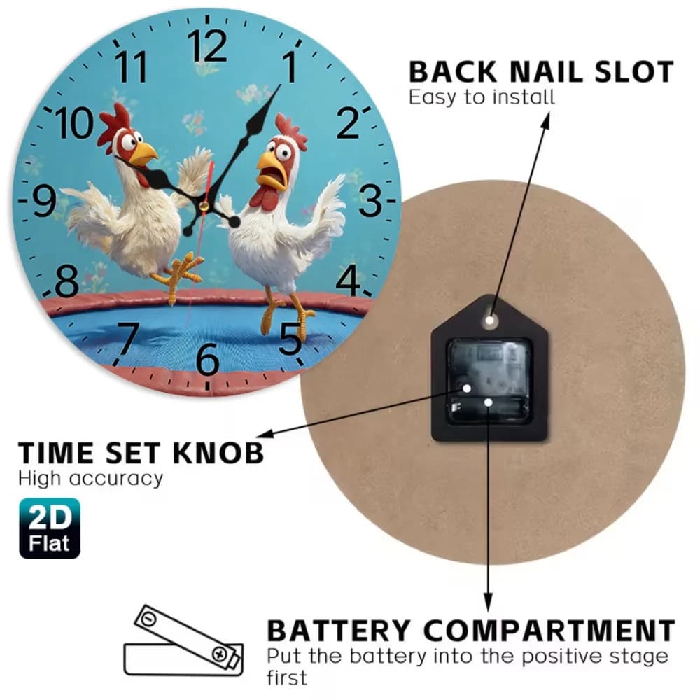 Orologio da parete a forma di gallina da 12 pollici - Silenzioso, senza ticchettio, a batteria, decorazione per la stanza con cornice in legno, lancette a forma di gallo, adatto per