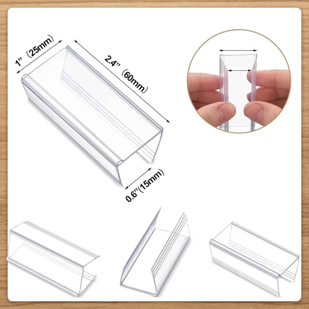 *ESTR Porta etichette per scaffali in legno da 100 pezzi Cartellino del prezzo in plastica trasparente 2,4 pollici di lunghezza x 1 di altezza per scaffali da scaffale, cartello per scaffali in legno
