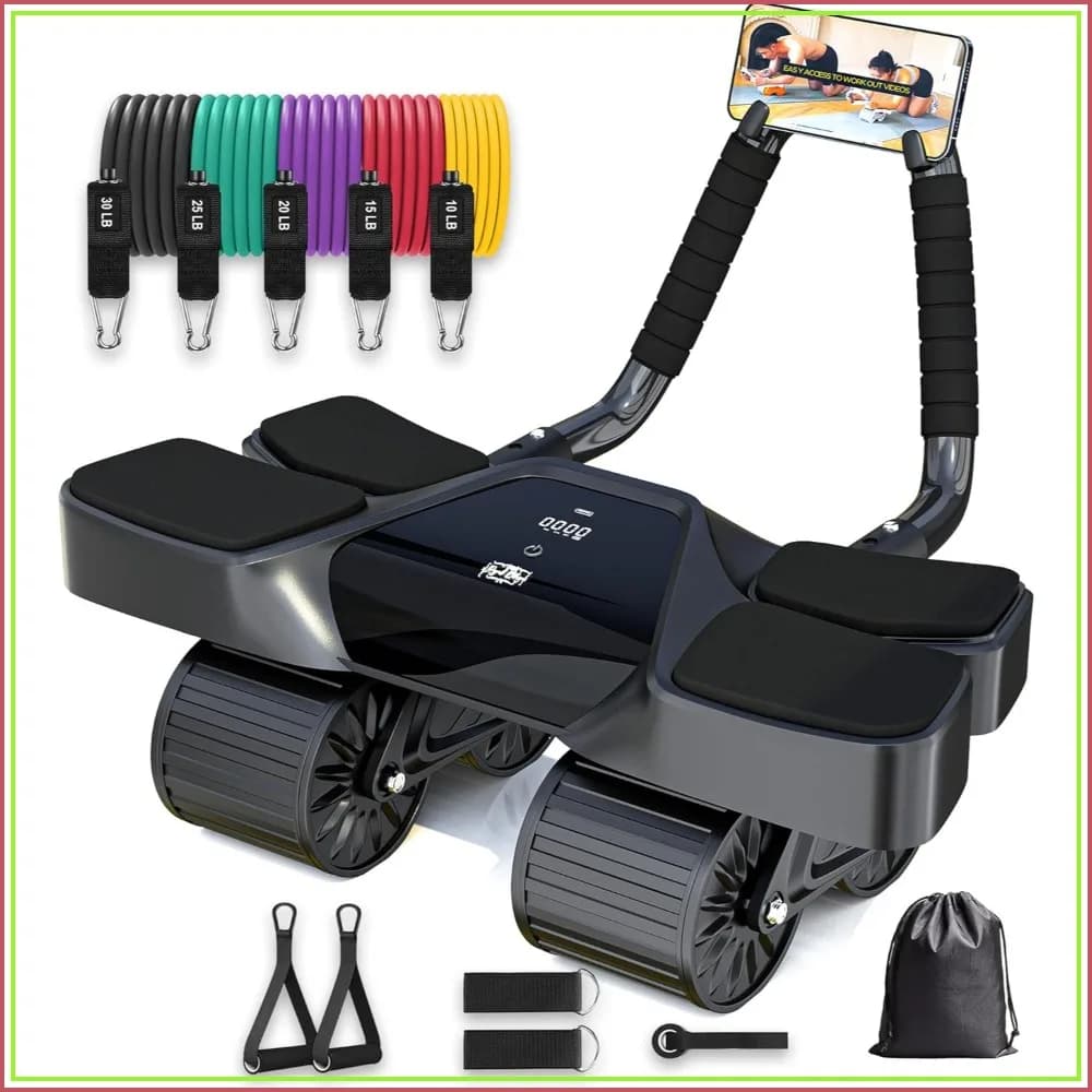 4-Wheel Ab Roller with Resistance Bands, Ankle Straps, Door Anchor, Handles & Travel Bag, Non-Slip Handles