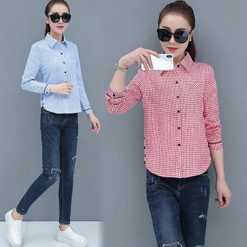 Camicia a maniche lunghe slim fit da donna, strato base casual alla moda, top a quadri stile coreano per primavera autunno, abbinabile con qualsiasi parte del completo, camicetta da donna