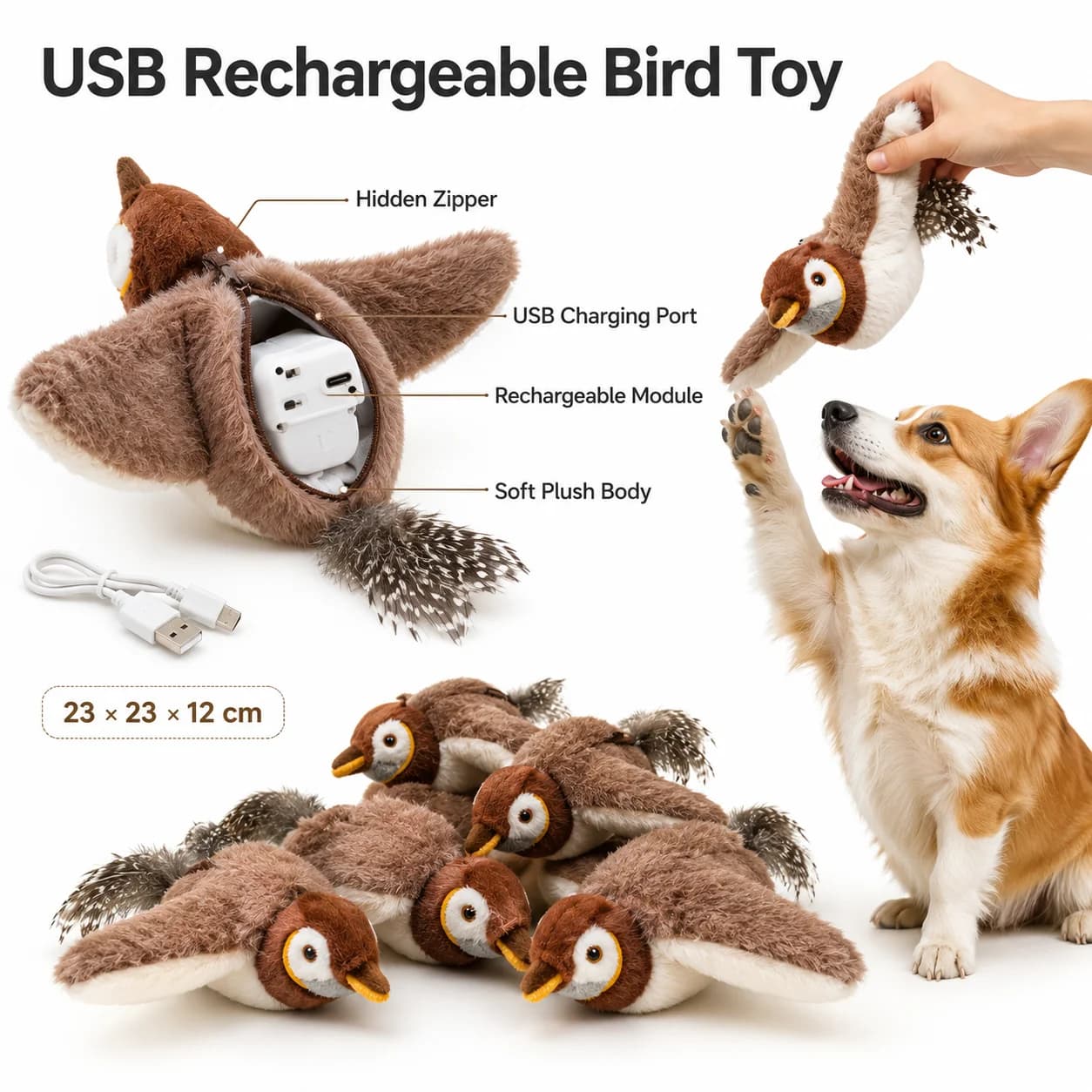 Rechargeable Bird Cat Toy Flapping Plush Interactive Motion Sensor Dual Sounds Chew Toy for Indoor Cats Dogs Hunt Play Accessory