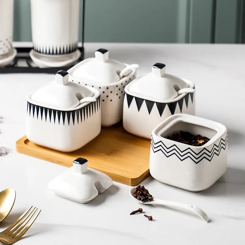 Set di Barattoli per Sale, Zucchero e Spezie in Stile Nordico, Eleganti Contenitori Ermetici in Ceramica Stile Audrey Hepburn per Organizzazione e Conservazione