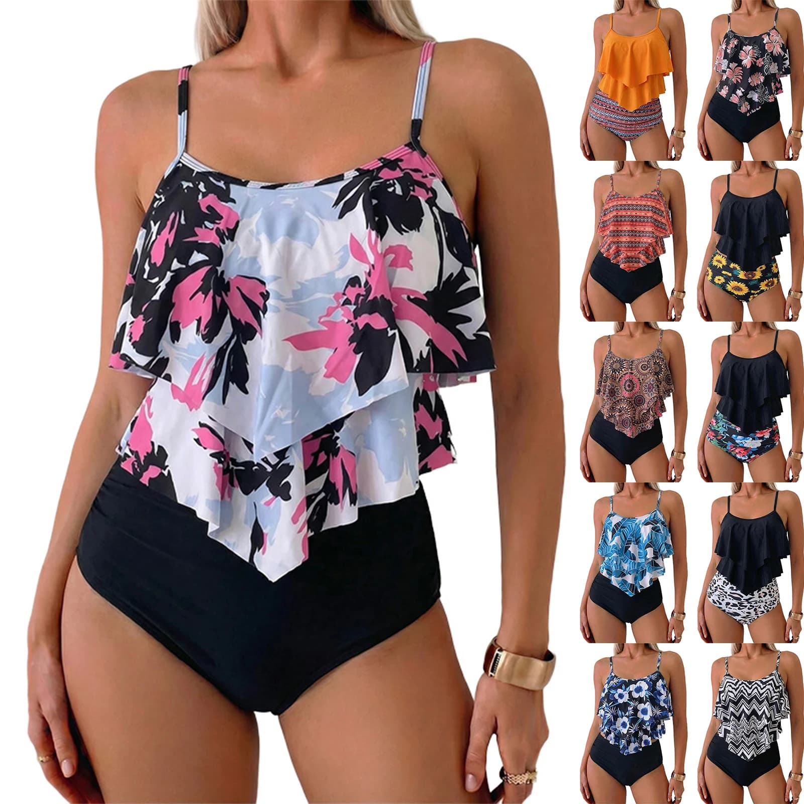 Ruffle Floral Bikini Set Women Sport High Waisted Two Piece Swimsuit Push Up Swimwear Beachwear Summer Holiday