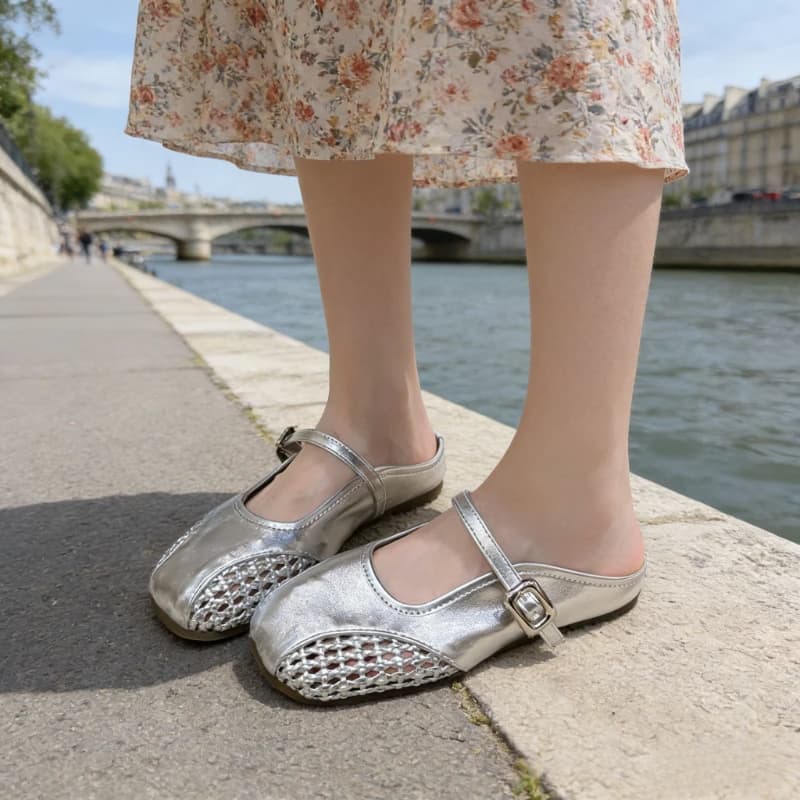 Mules Square-toe Women's Shoes Spring Summer Flats Mesh Buckle Dress Walking Women Sandals 2026 New Designer Work Women Shoes