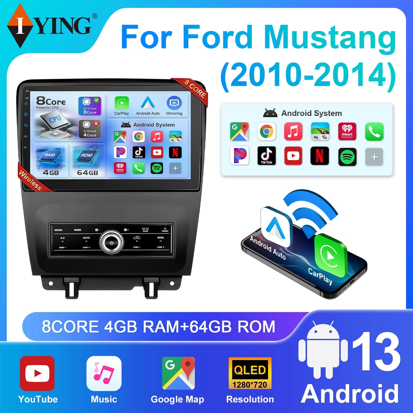 IYING Android 13 Car Stereo for 2010-2014 Ford Mustang 10 Inch Touchscreen with Wireless CarPlay Android AutoGPS/WiFi/Bluetooth/Mirror Link/Backup Camera
