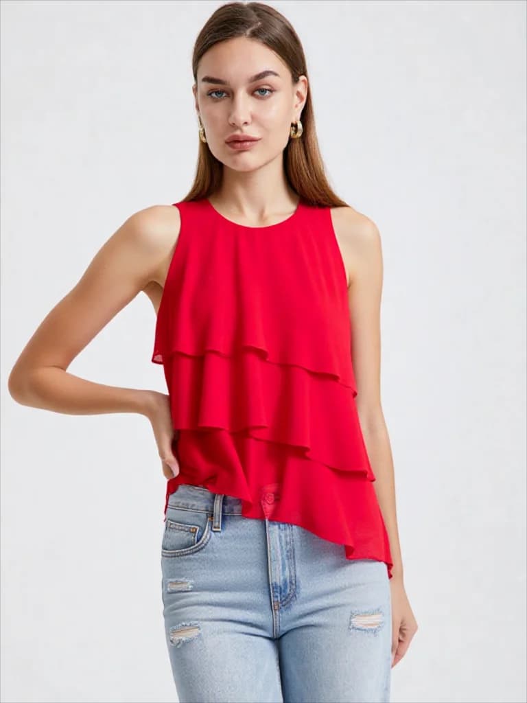 Nuovo top estivo da donna in stile europeo e americano, senza maniche, con scollo rotondo, asimmetrico, decorativo a strati, stile casual da donna