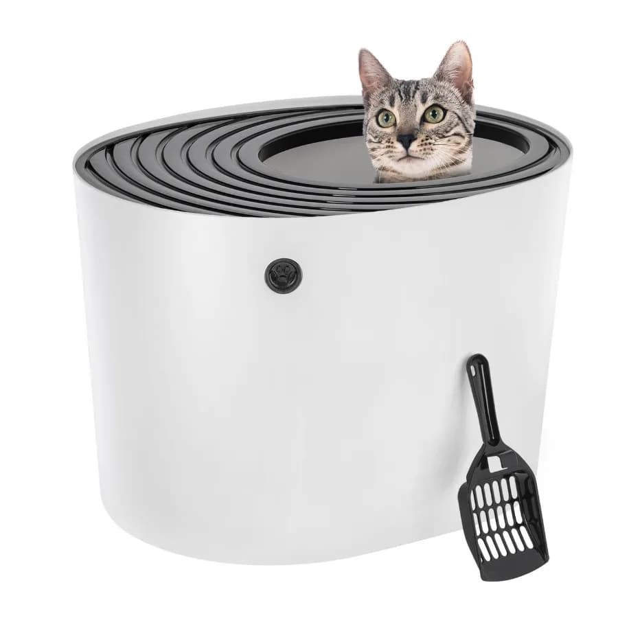 Lettiera per Gatti IRIS con Ingresso Superiore e Paletta, Design Rotondo Chiuso Elegante Bianco/Nero