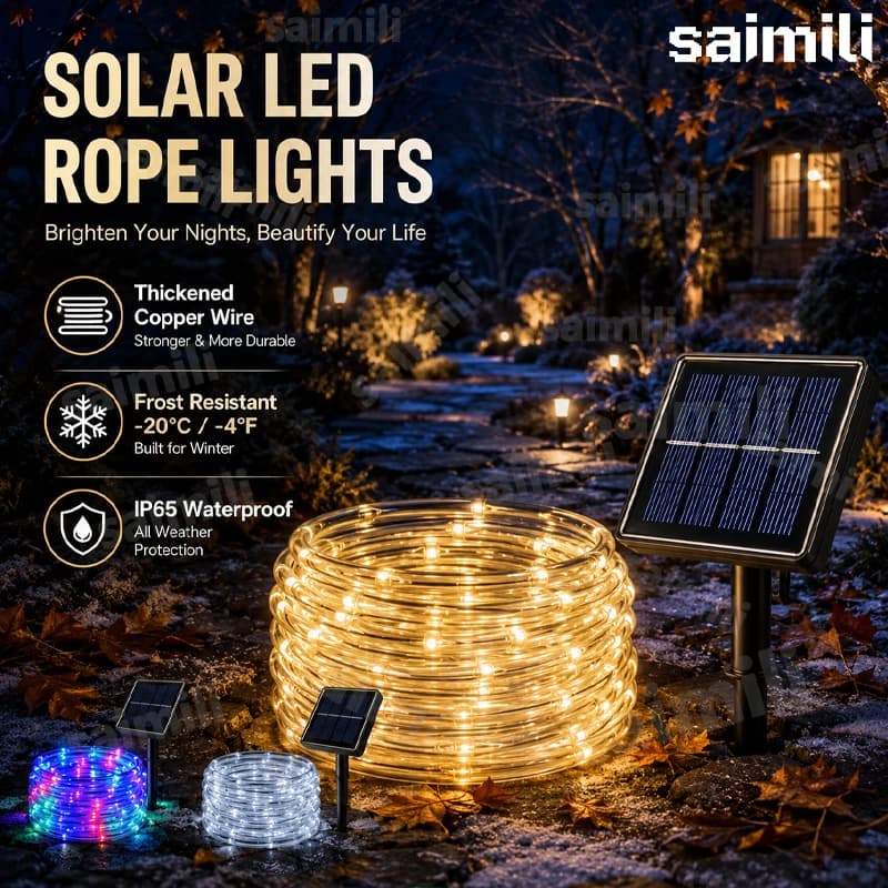 Solar Powered LED Rope Lights Waterproof Outdoor Glow Fairy Garland Lights for Garden Tree Patio Holiday Party Decoration