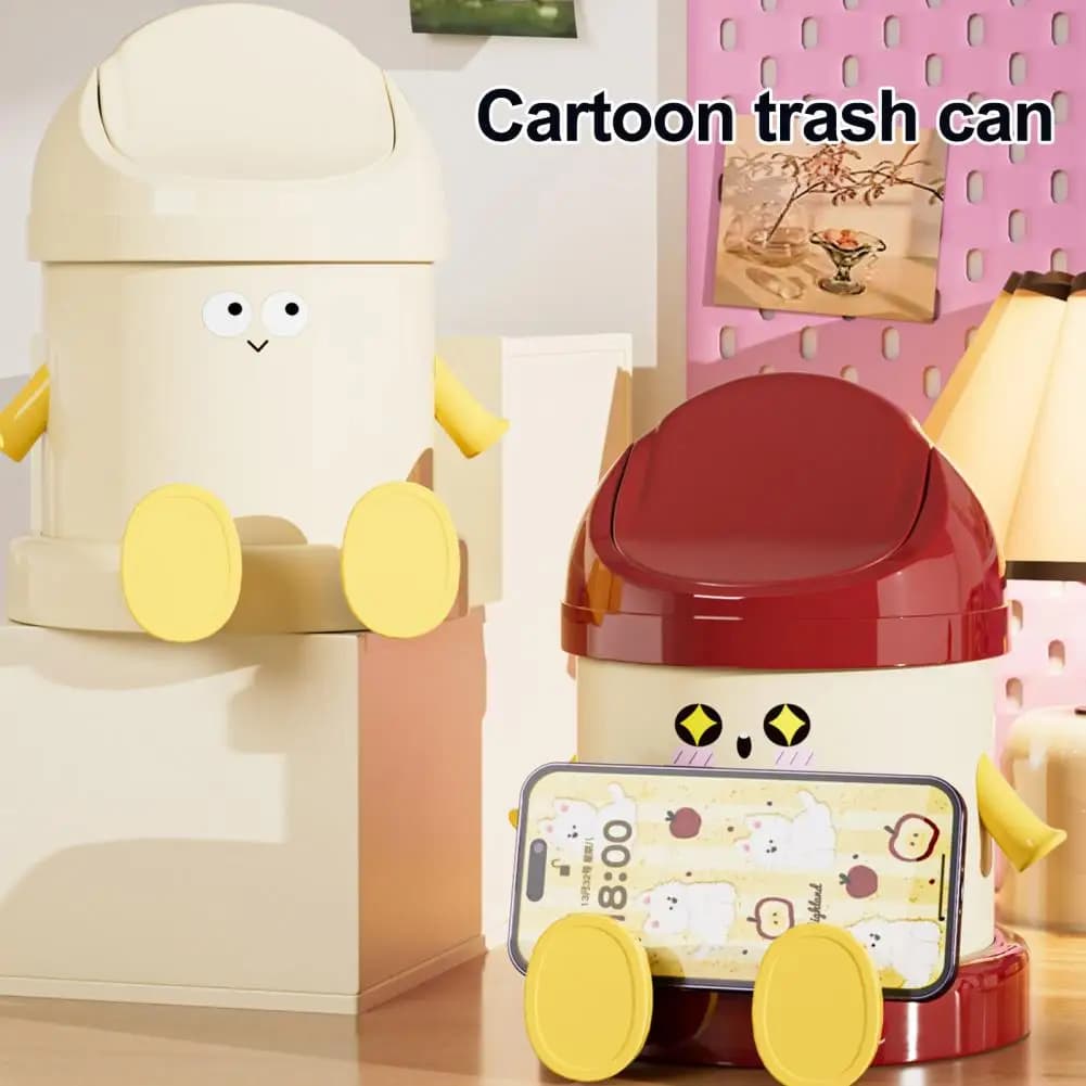 Pattumiera da tavolo simpatico cartone animato Design occhi carini Forma di cartone animato Pattumiera portatile leggera con coperchio Pattumiera da cucina per ufficio