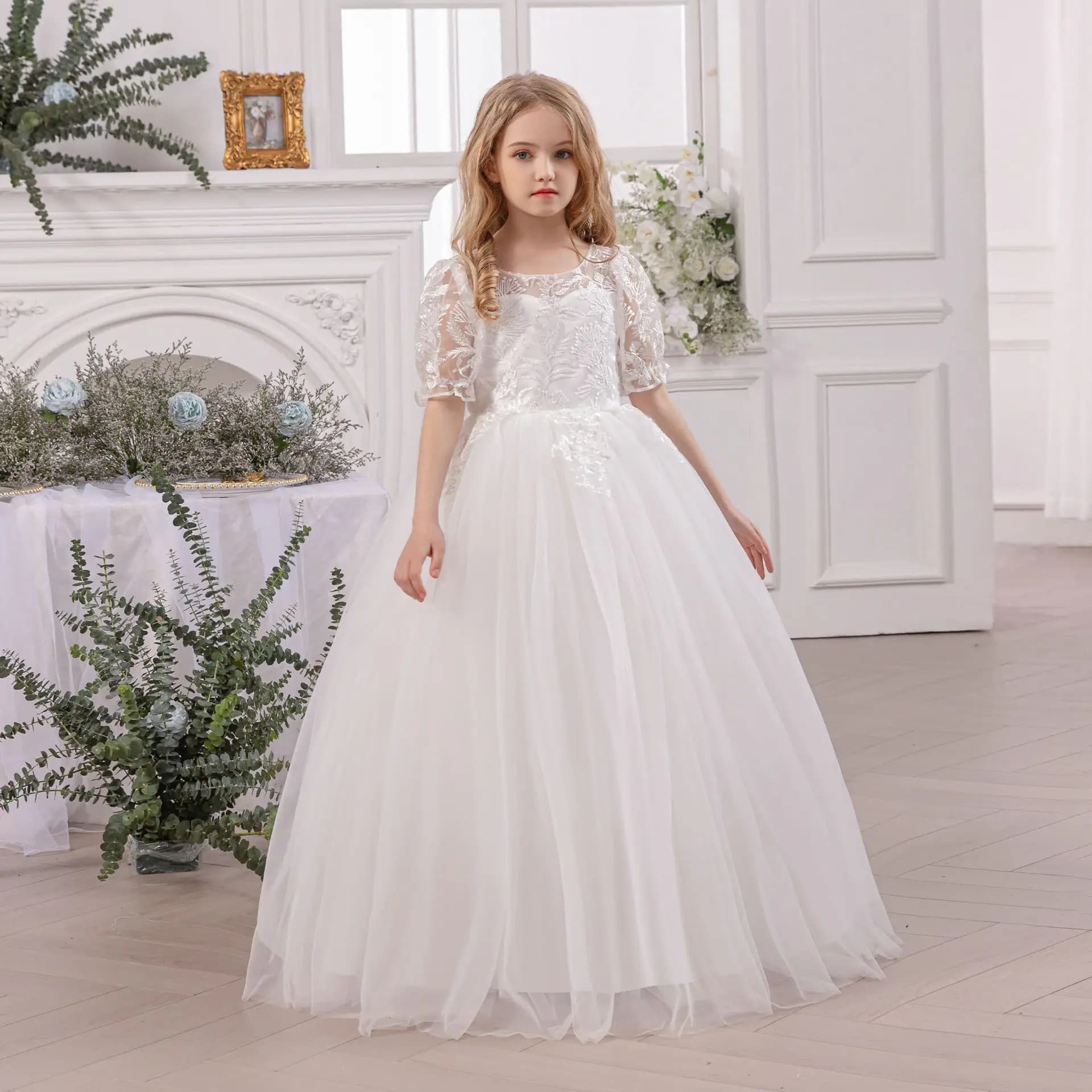 Elegante abito bianco per ragazze Abito da principessa soffice Abito da sposa damigella d'onore per bambini Abiti da ragazza Abito da prima comunione per adolescenti