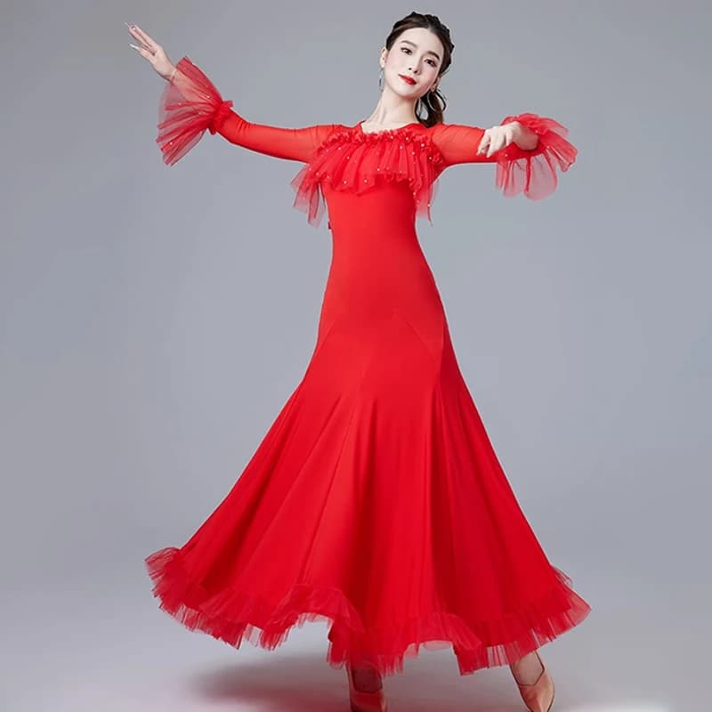 Abito da ballo standard rosso Abito da ballo per sala da ballo Abito da ballo a maniche lunghe da donna Abbigliamento da ballo per allenamento valzer per adulti Nero 1468