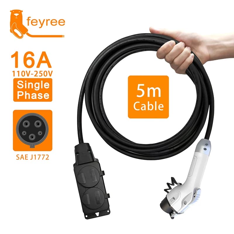 Feyree Type1 16A charging cable with EU socket for external charging station, side exhaust plug for EV electric car (require V2L support for car)