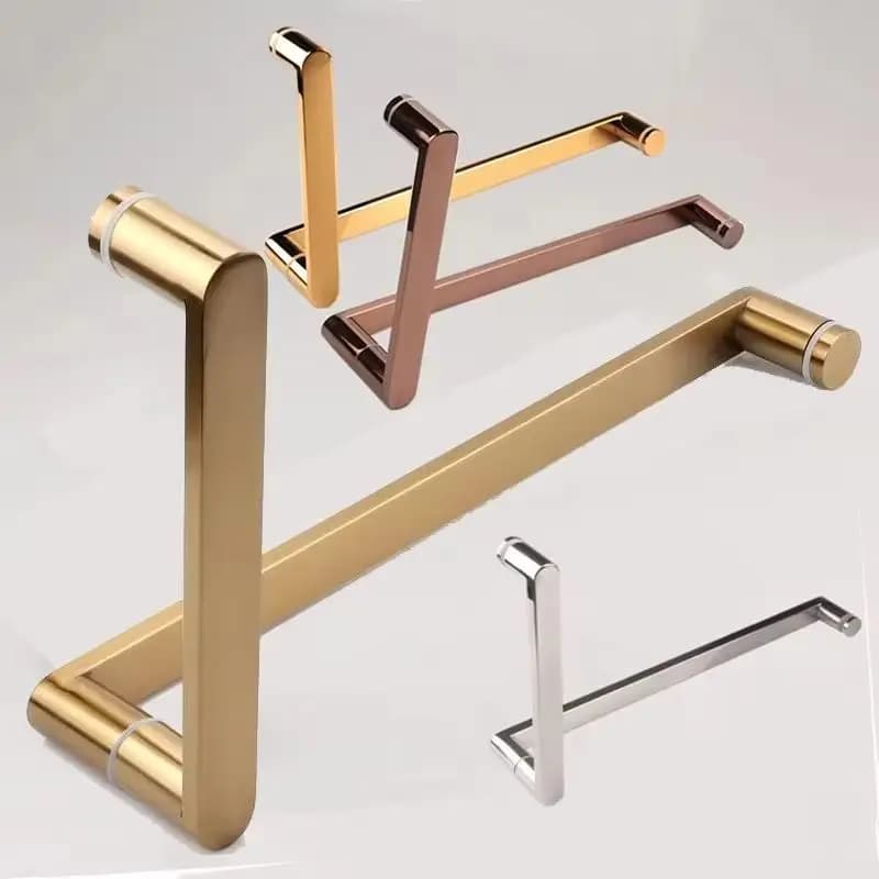 HOT 304 Stainless Steel Glass Door Handles Bathroom Door Pulls Handles L Shape Towel Bar for 8~12mm,Gold/Rose Gold/Bronze